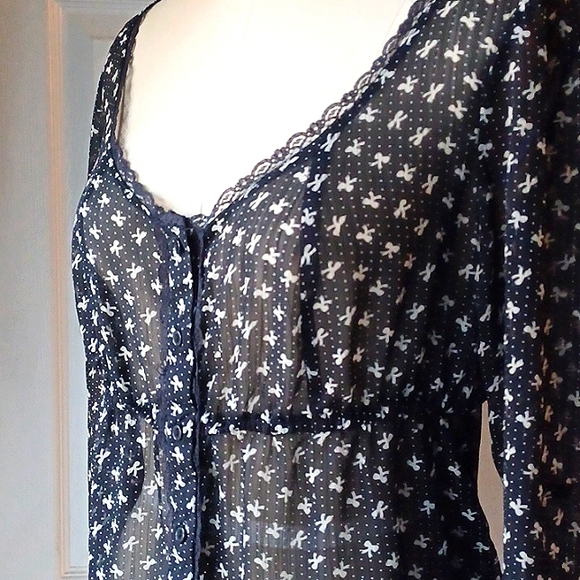 Black with Cream Bows Sheer Top With Lace Trim - Picture 2 of 5